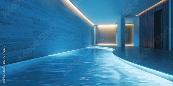 Obraz A sleek, modern indoor pool with blue lighting and a smooth, curved floor.