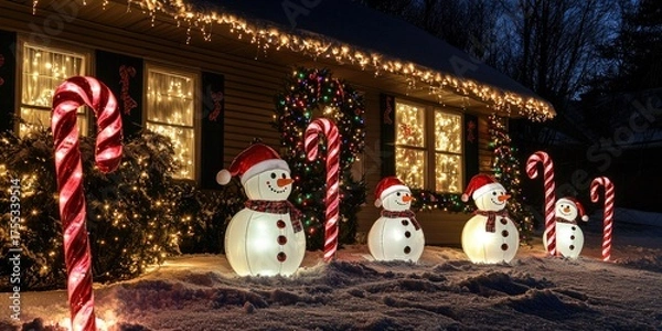 Fototapeta A festive house decorated with Christmas lights, wreaths, and candy canes, with a snowman and snowmen in the foreground, set against a snowy background.