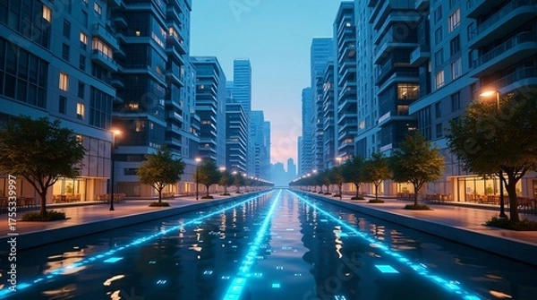 Fototapeta "Ultra-Realistic Futuristic City Skyline with Cinematic Lighting, Cyberpunk Architecture and Glowing Blue River Trails"