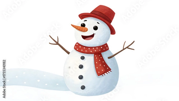 Obraz Cute Smiling Snowman Wearing Red Scarf and Hat Isolated on White Background Winter Holiday Illustration