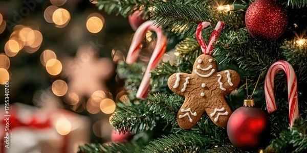 Obraz A beautifully decorated Christmas tree with a gingerbread man ornament, surrounded by candy canes and red baubles, with a soft, bokeh background and warm, festive lights.
