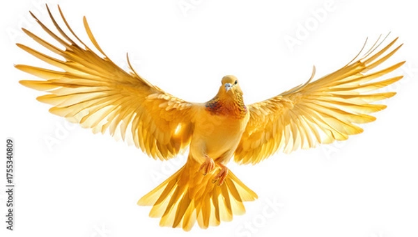 Fototapeta A golden dove in midflight, isolated on transparent background, wings spread wide, symbolizing peace, freedom, and hope, ideal for spiritual or inspirational themes