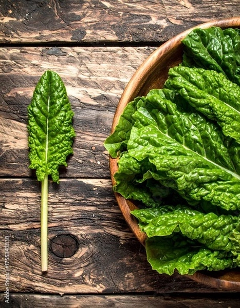 Obraz Fresh Green Sorrel Leaves on Wooden Table - A Culinary Herb.