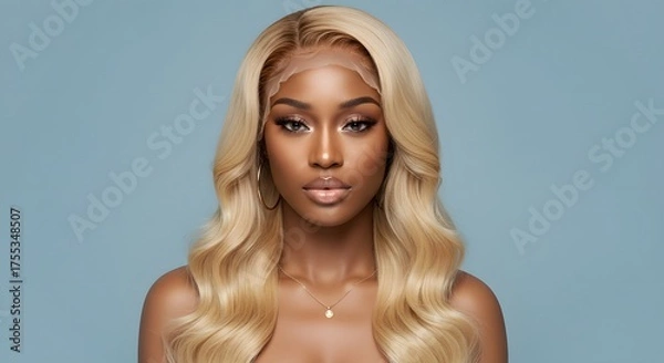 Obraz Portrait of a woman with wavy blonde hair, soft features, & elegant makeup against a light blue backdrop