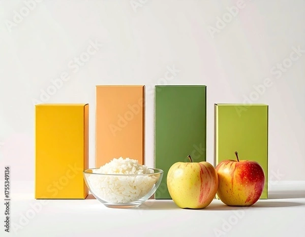 Fototapeta Rice, apples, and colored boxes against a white backdrop