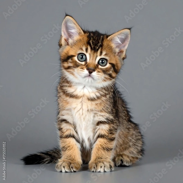 Obraz Portrait of a young feline. It has brown and tan striped fur and piercing blue eyes