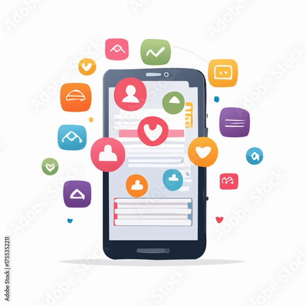 Fototapeta Social media icons and app concept, mobile phone communication and connection illustration