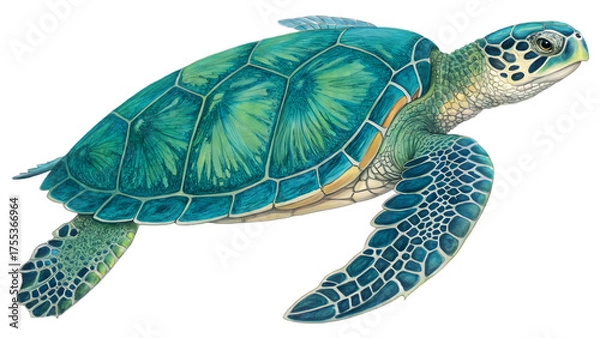 Obraz Realistic Sea Turtle Illustration in Green and Blue with Artistic Underwater Detailing