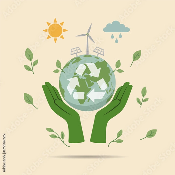 Fototapeta Eco-friendly illustration showing green hands holding Earth with recycle symbol, wind turbine, solar panels, and leaves, symbolizing sustainability, renewable energy, and environmental care, vector