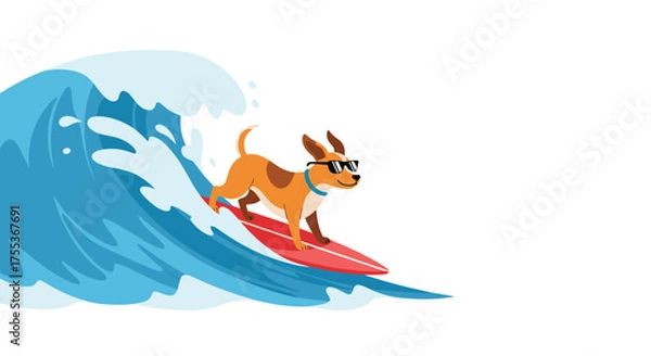 Fototapeta A cool dog wearing glasses surfs a big wave on a surfboard.