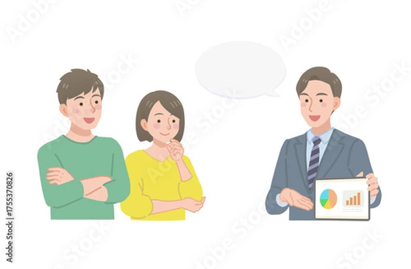 Obraz タブレットを持って夫婦に説明をするビジネスマン