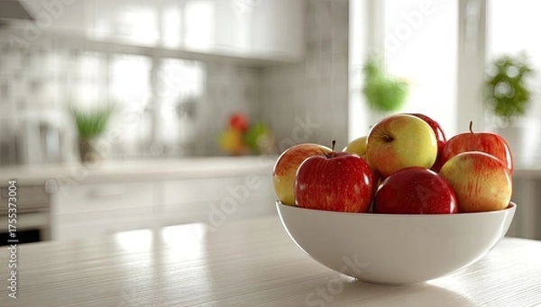Fototapeta Bowl of apples on counter in bright kitchen
