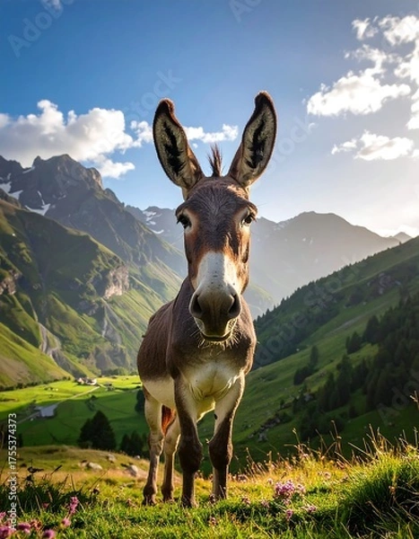 Obraz A donkey stands in a verdant field with mountains and sky in the background