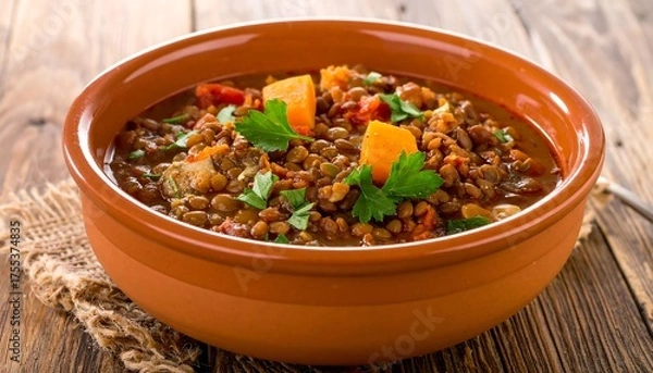 Obraz A hearty lentil stew with pumpkin and parsley in a rustic bowl