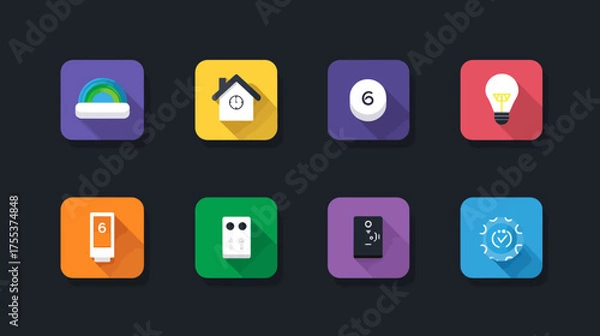 Fototapeta Vector Icon Set of Smart Home Devices and Technology in Flat Style with Bright Colors