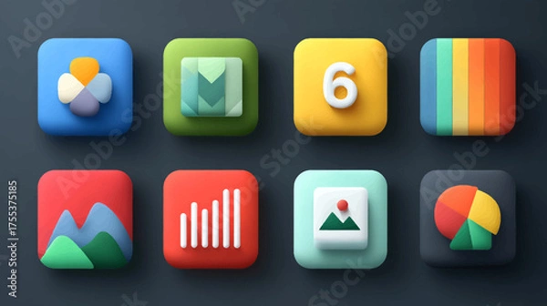 Obraz Modern Flat Vector Icon Set with Colorful Geometric Symbols for Data Analytics and Business Applications