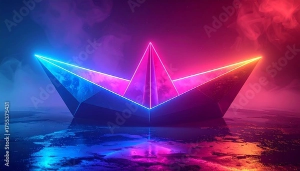 Obraz A neon origami boat floats amidst blue and red-tinted fog