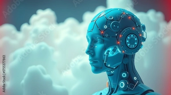Obraz Digital Robot Head in Cloudy Futuristic Sky Scene