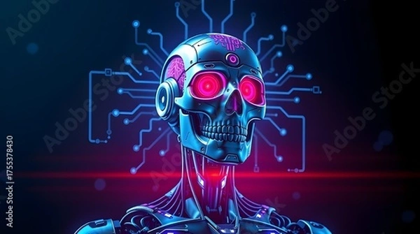 Obraz Metallic robotic skull glowing with artificial intelligence energy circuits