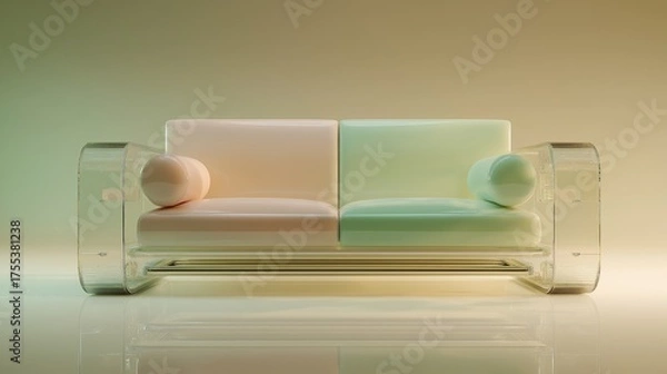 Fototapeta Futuristic Transparent Sofa with Pastel Cushions in Minimal Modern Interior