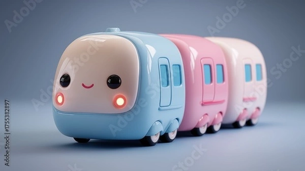 Fototapeta Cute pastel toy train with smiling face, 3D kawaii cartoon design on soft background