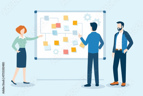 Obraz Diverse team collaborating and brainstorming ideas on a whiteboard with sticky notes and flowcharts