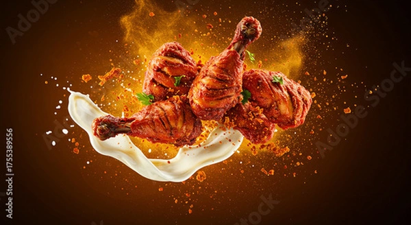 Fototapeta Grilled Red Chicken Drumsticks Splash with Creamy Swirl Motion