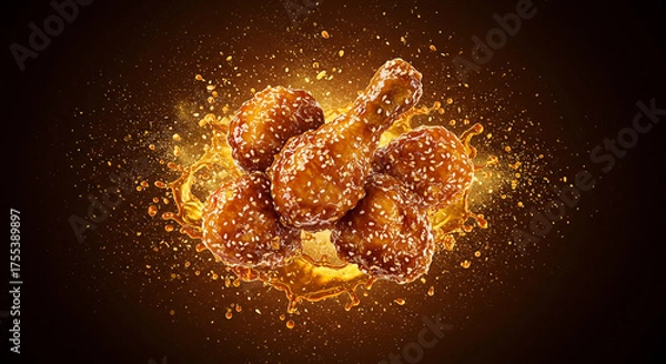Fototapeta Honey Sesame Glazed Chicken Splash with Golden Explosion