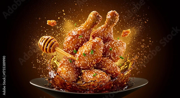 Fototapeta Honey Sesame Glazed Chicken Splash with Golden Explosion