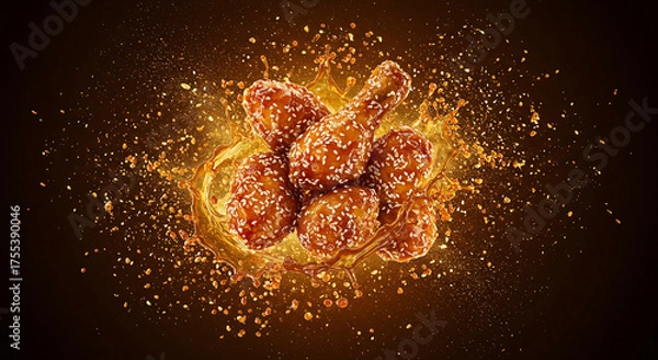 Fototapeta Honey Sesame Glazed Chicken Splash with Golden Explosion