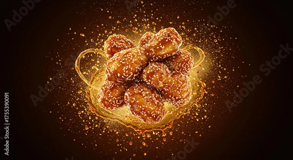 Fototapeta Honey Sesame Glazed Chicken Splash with Golden Explosion