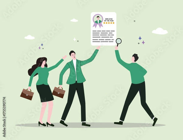 Fototapeta business professionals reviewing a document — an "Employee of the Year" award certificate — symbolizing a company’s recognition of an exceptional employee.
