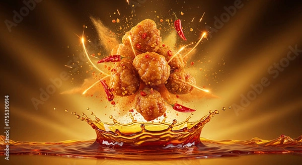 Fototapeta Spicy Chili Chicken Bites Splash in Golden Sauce Explosion