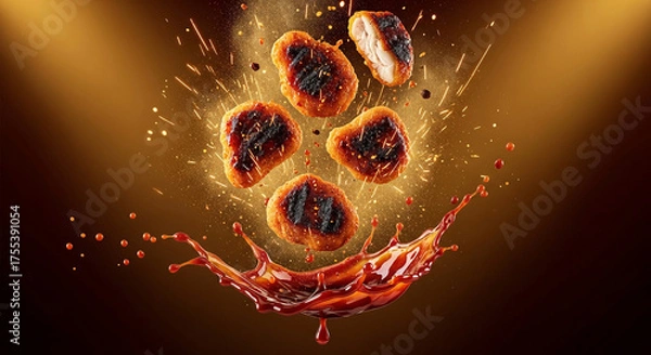 Fototapeta Charred Spicy Chicken Nuggets Splashing in Dark Sauce Explosion