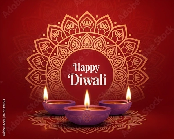 Fototapeta Happy Diwali Greeting with Traditional Diyas and Mandala Design – Festival of Lights Celebration