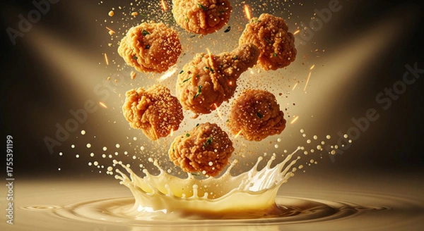 Fototapeta Crispy Fried Chicken Splashing in Creamy Sauce