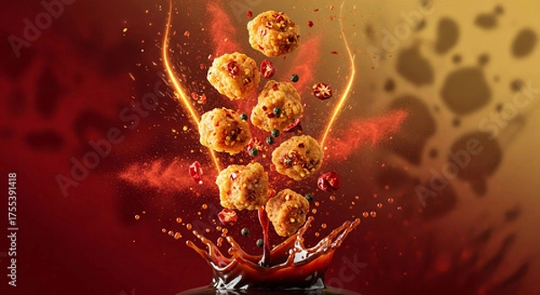 Fototapeta Spicy Pepper Fried Chicken Bites Splash