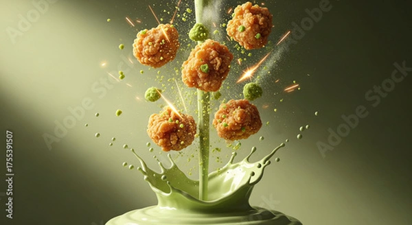 Fototapeta Crispy Wasabi Chicken Bites Splashing in Green Sauce Explosion