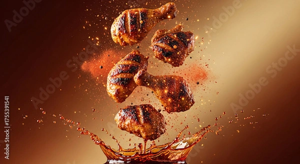 Fototapeta Grilled Chicken Drumsticks Splash in Barbecue Sauce