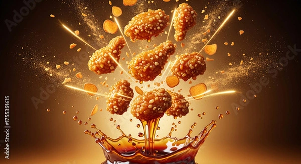 Fototapeta Honey Garlic Chicken Bites Splash in Sweet Sauce