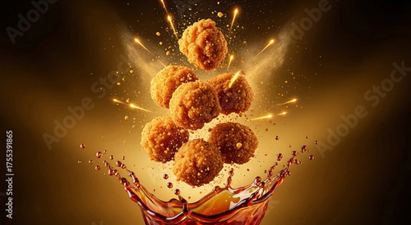 Fototapeta Chicken Popcorn Splash in Fiery Sauce