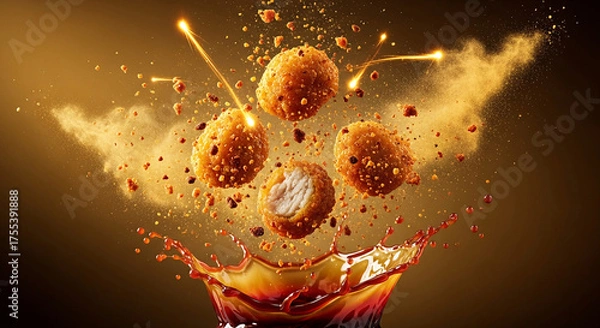 Fototapeta Golden Crunchy Chicken Bites Splashing in Sauce with Sparks