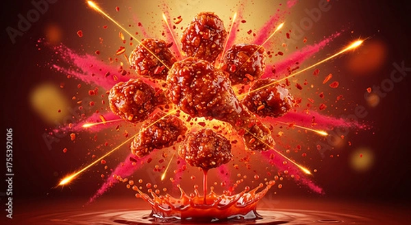 Fototapeta Hot Spicy Fried Chicken Explosion with Sauce and Fire Sparks