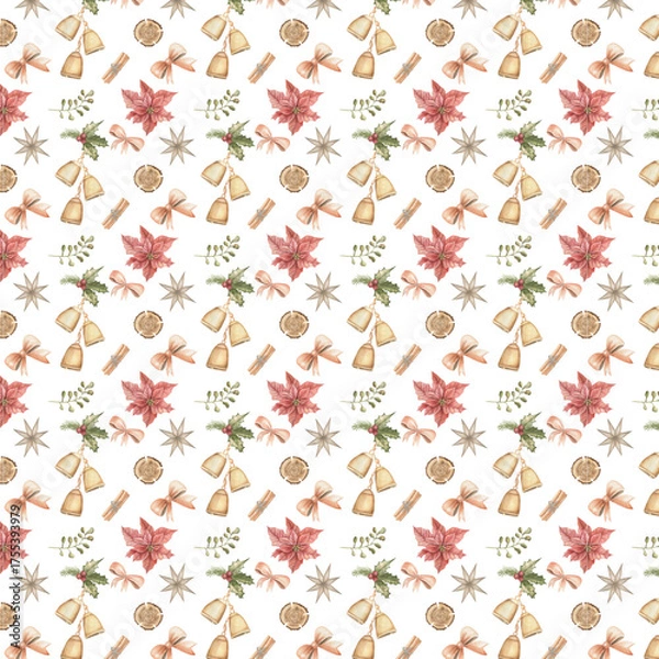 Obraz Festive seamless pattern with golden bells, poinsettias, bows, stars, and holly leaves in warm pastel tones on a white background.