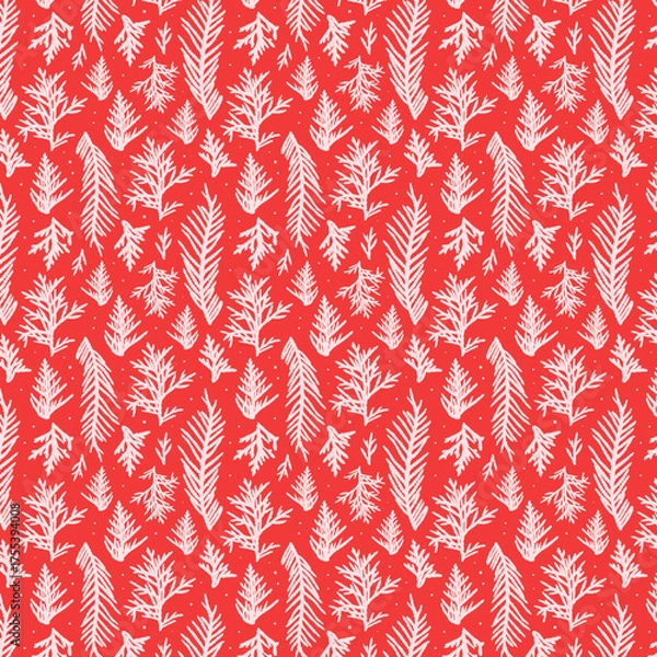 Obraz Seamless red and white pattern featuring hand-drawn pine and fir branches, evoking a festive and winter holiday atmosphere.