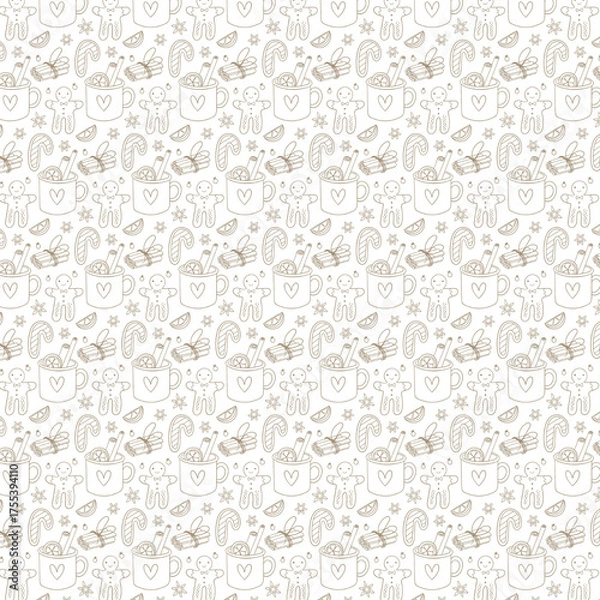 Obraz Cute seamless pattern with mugs, candy canes, gingerbread men, and stars in soft beige line art for cozy Christmas designs.