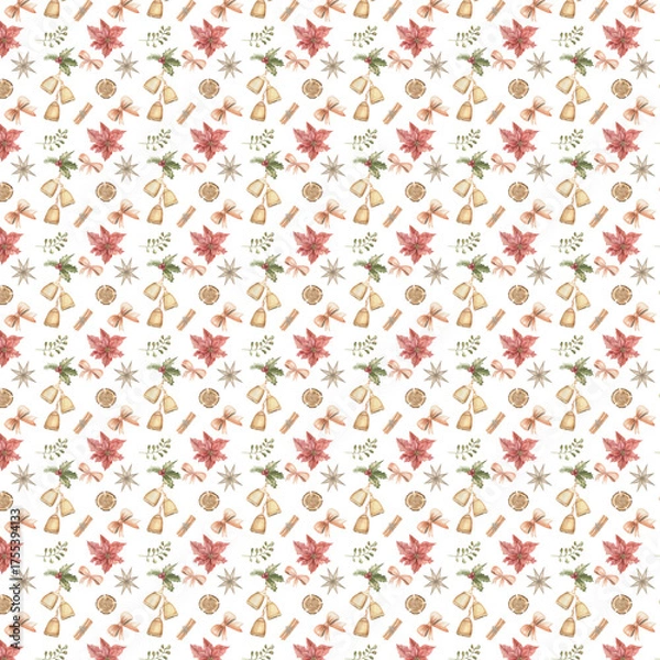 Obraz Seamless festive pattern featuring poinsettias, bells, ribbons, stars, and pine branches on a light background.