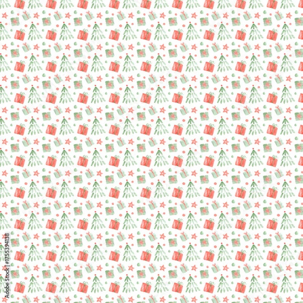 Obraz Seamless Christmas pattern with watercolor trees, stars, and gift boxes in soft red and green tones.