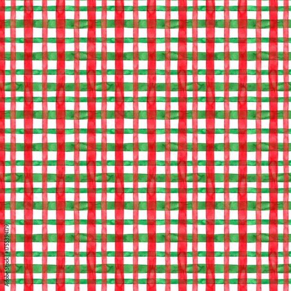 Obraz Watercolor plaid pattern in red, green, and white creating a festive, seamless Christmas textile design.