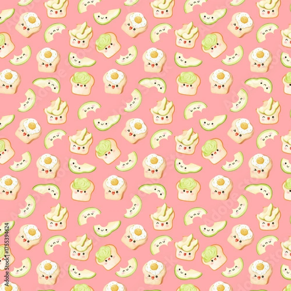 Obraz Cute seamless pattern of avocado slices and kawaii toast with eggs and cream on a pink background, perfect for playful food designs.